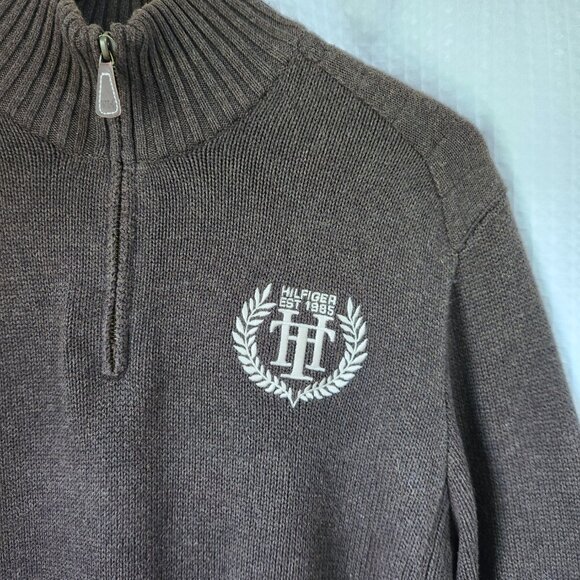 Tommy Hilfiger Sweater Size Medium Knit Brown 1/4 Zip Pullover Patched Elbows - Picture 3 of 10